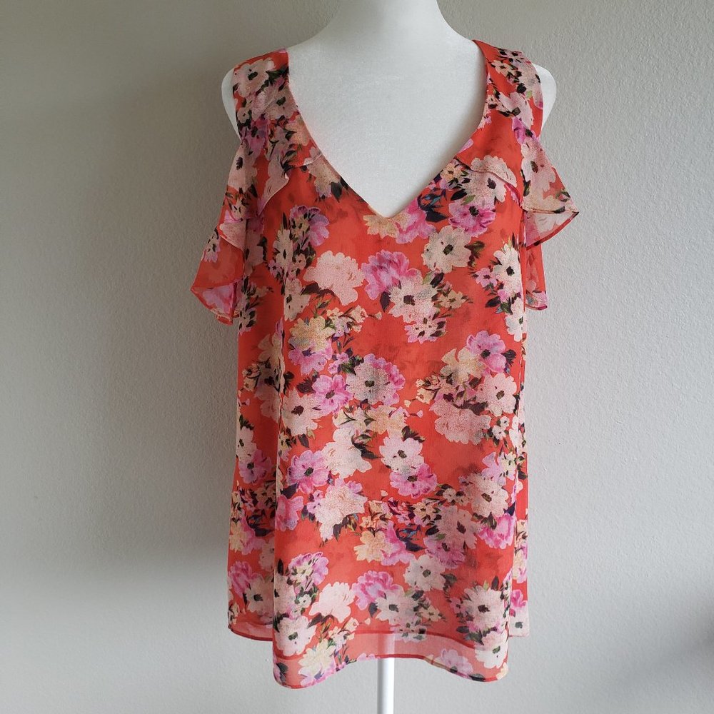 Cabi Blouse Bright Floral V-Neck Ruffle Layer Chiffon Lined Cold Shoulder Size M